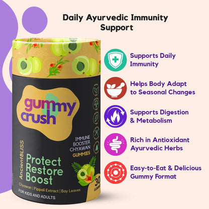 Gummy Crush immune booster chyawan gummies packaging with benefits listed on a white background.