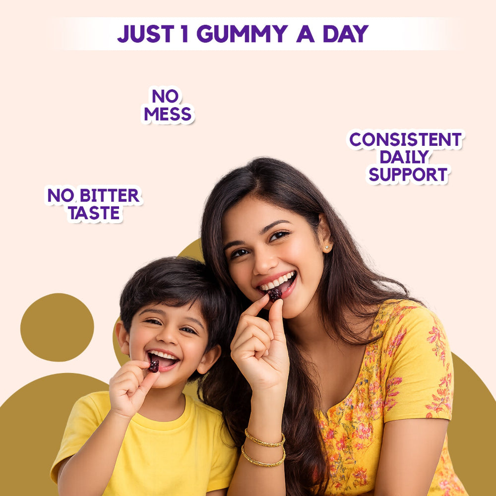 Woman and child eating gummies with promotional text on a beige background