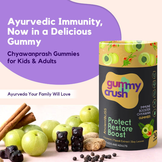 Gummy Crush Chyawanprash Gummies packaging with green apples, cinnamon sticks, and gummy bears on a light background.