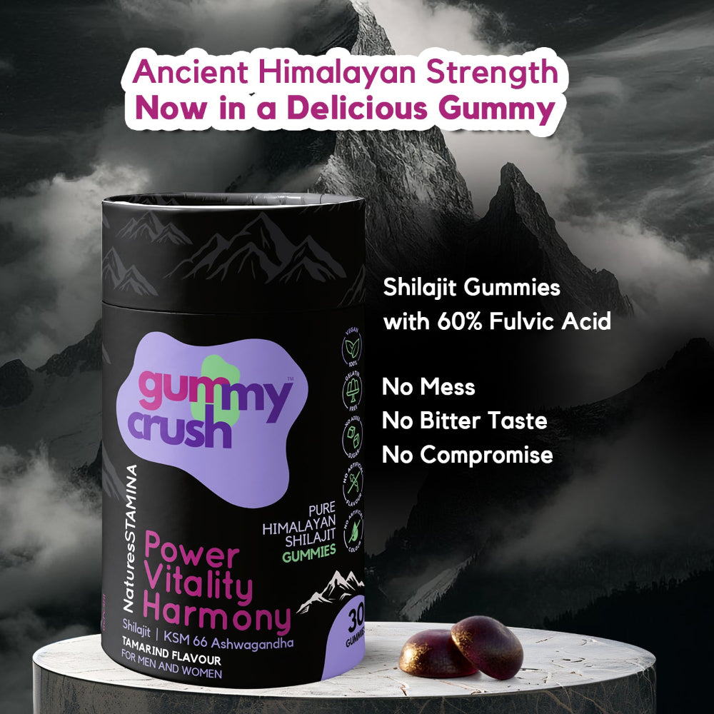 Gummy Crush Shilajit Gummies packaging with mountain background
