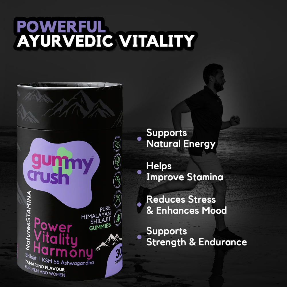 Gummy Crush supplement container with a person running on a beach, highlighting product benefits.