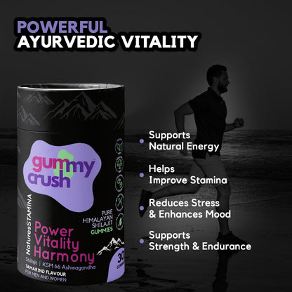 Gummy Crush supplement container with a person running on a beach, highlighting product benefits.