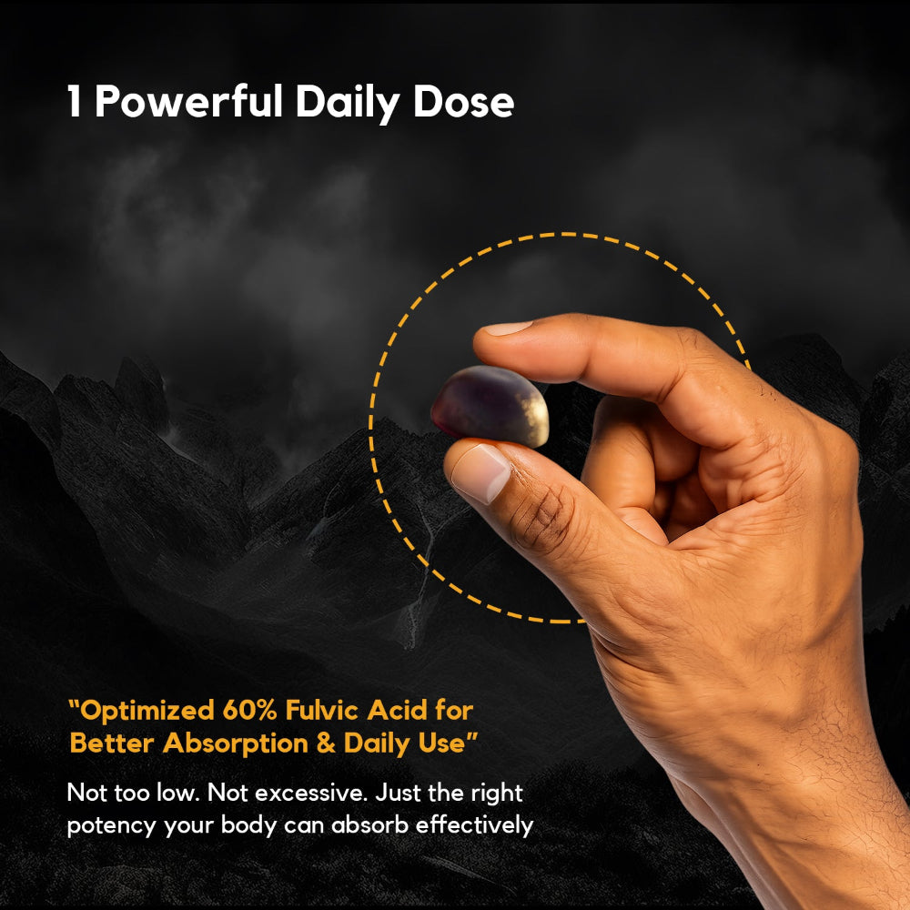 Hand holding a fulvic acid supplement with text about its benefits on a dark background