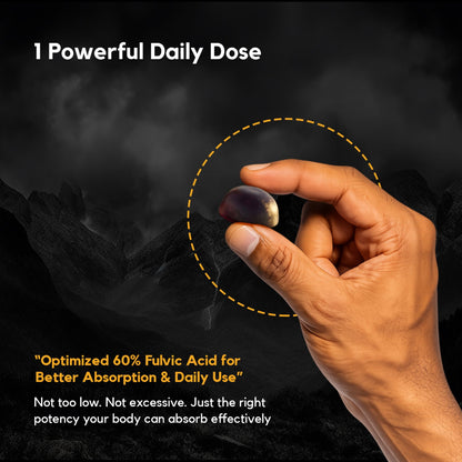 Hand holding a fulvic acid supplement with text about its benefits on a dark background