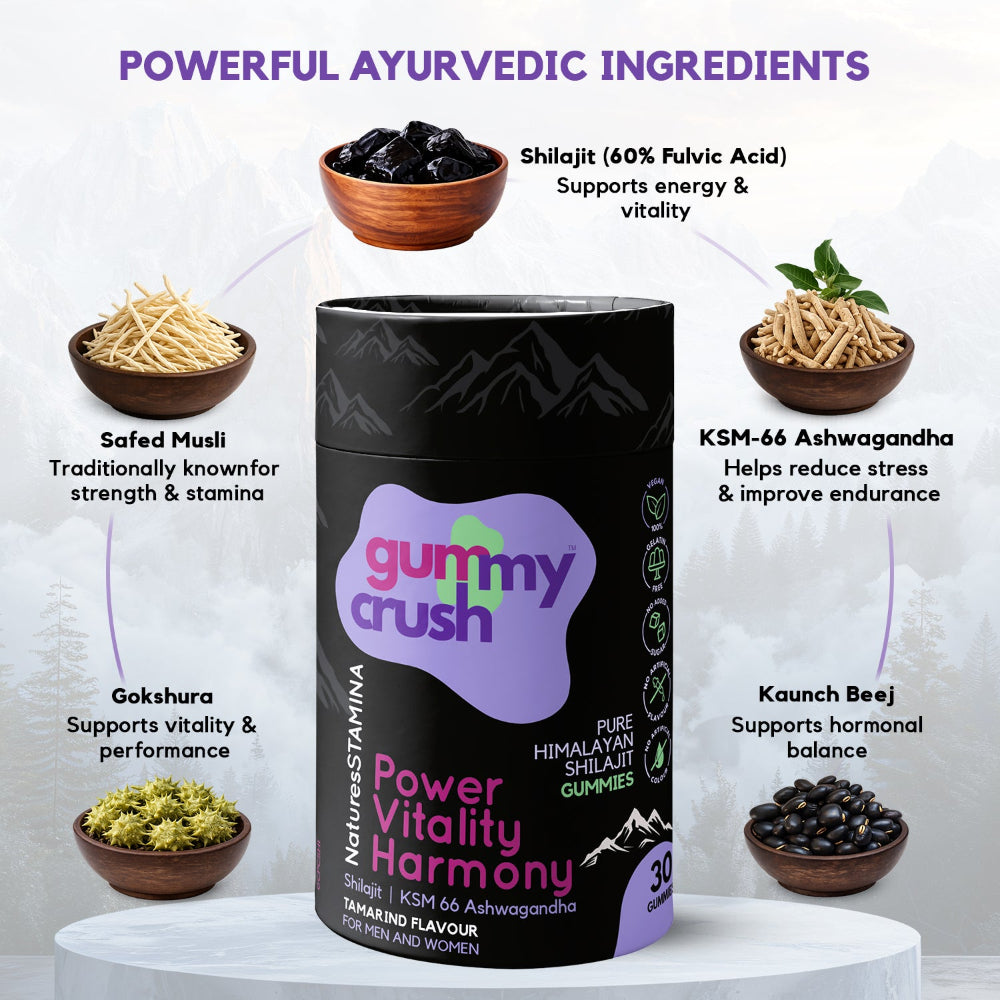 Gummy Crush supplement container with Ayurvedic ingredients displayed around it on a white background.